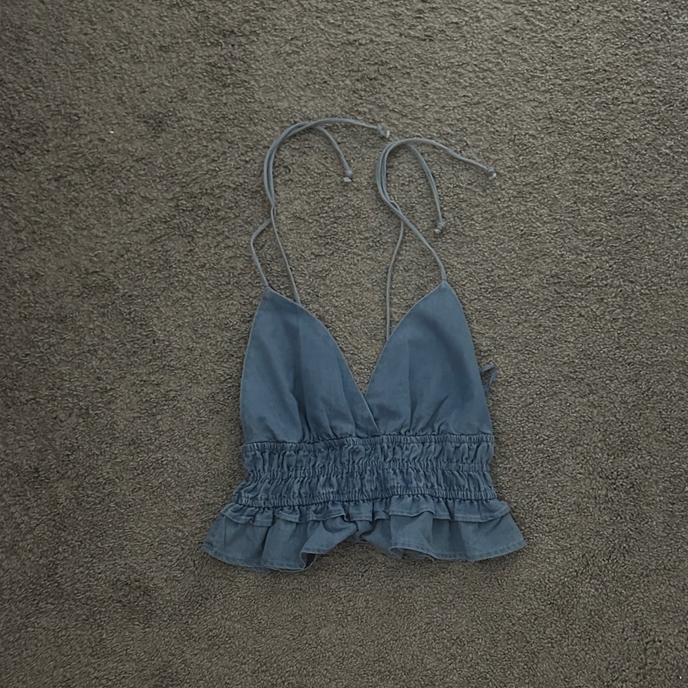 Women’s Blue Ruffled Smocked Tie-Back Crop Top